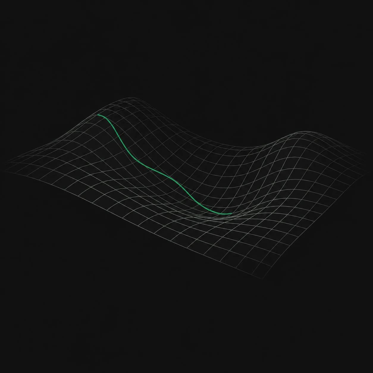 An emerald gradient descent trajectory descending into a valley on a sparse wireframe loss surface